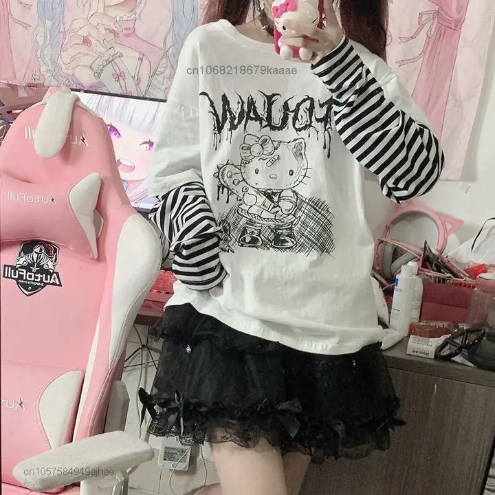 Sanrio Clothes Hello Kitty Patchwork Stripe Long Sleeves Top Y2k Girls Aesthetic Tops