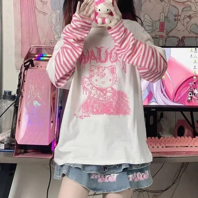 Sanrio Clothes Hello Kitty Patchwork Stripe Long Sleeves Top Y2k Girls Aesthetic Tops